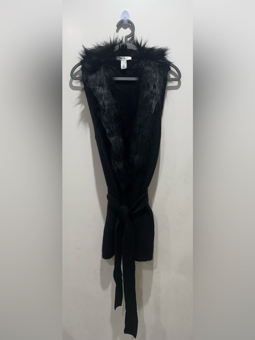 White House Black Market Black Faux Fur Trim Belted Vest
